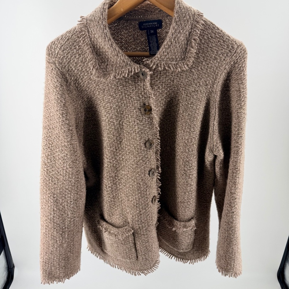 Jones New York Signature Taupe Wool Angora Fringe Trim Cardigan Sweater-3X